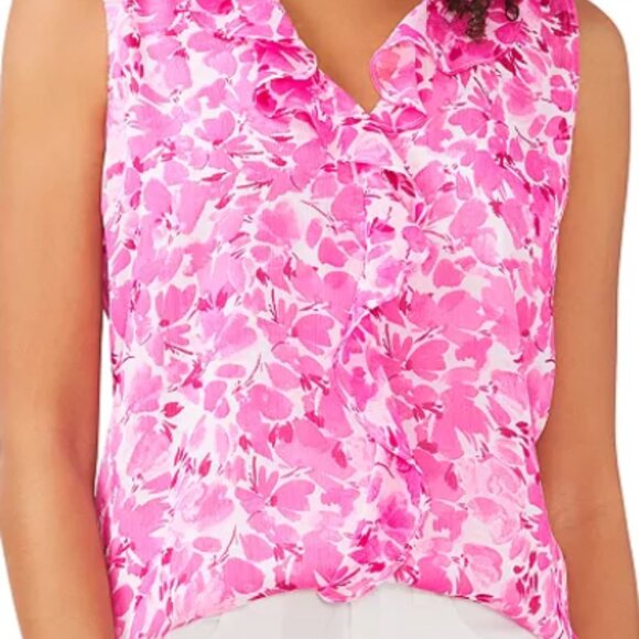 Vince Camuto Pink Floral V-Neck Sleeveless Ruffle Front Fully Lined Blouse - Picture 1 of 9